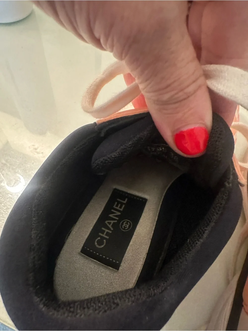 CHANEL Coral/Peach and White CC Logo Lace-Up Sneakers